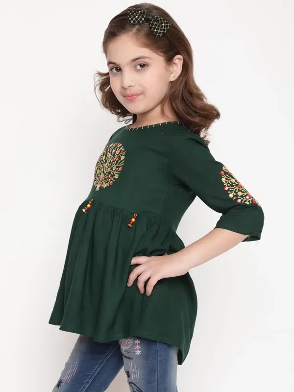 Green_Three_Fourth_Sleeves_Floral_Embroidered_Top_For_Girls
