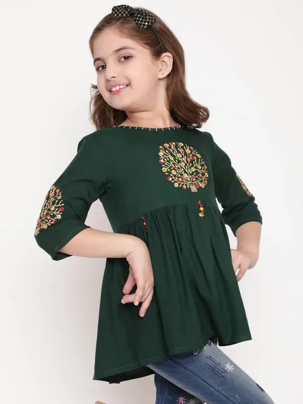 Green_Three_Fourth_Sleeves_Floral_Embroidered_Top_For_Girls