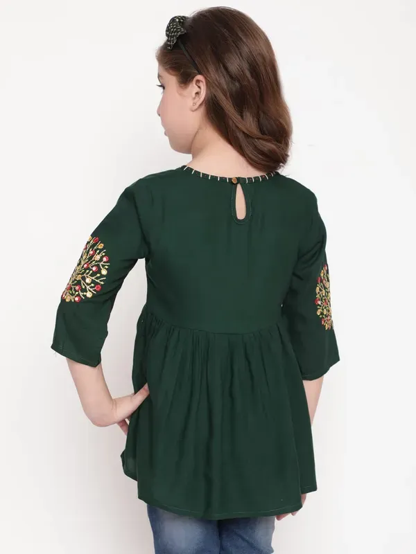 Green_Three_Fourth_Sleeves_Floral_Embroidered_Top_For_Girls