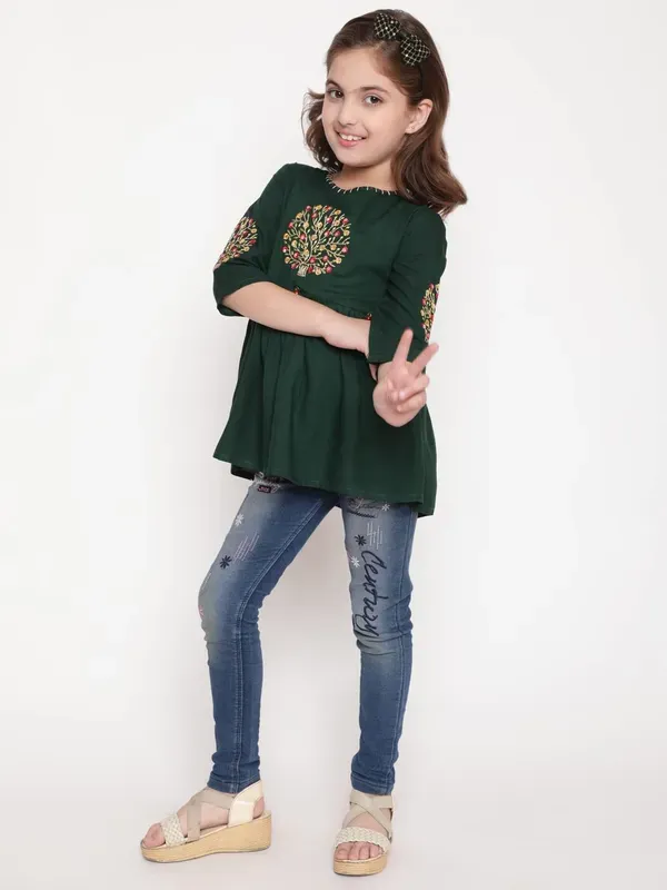 Green_Three_Fourth_Sleeves_Floral_Embroidered_Top_For_Girls