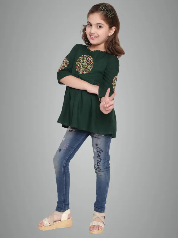 Green_Three_Fourth_Sleeves_Floral_Embroidered_Top_For_Girls