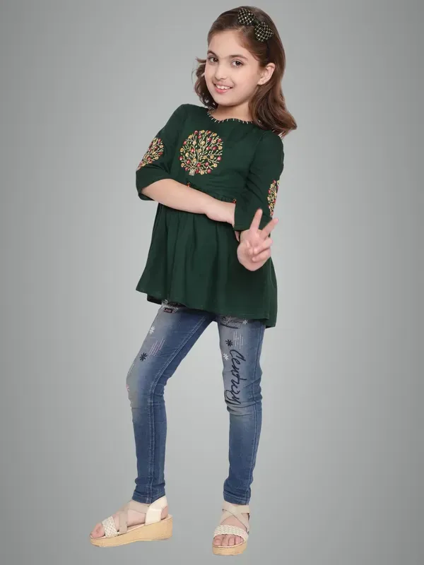 Green_Three_Fourth_Sleeves_Floral_Embroidered_Top_For_Girls