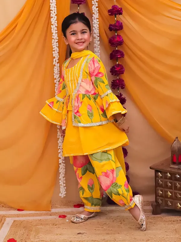 Yellow_Cotton_Floral_Print_Kurta_With_Jacket_Pant_And_Dupatta_Set_For_Girl