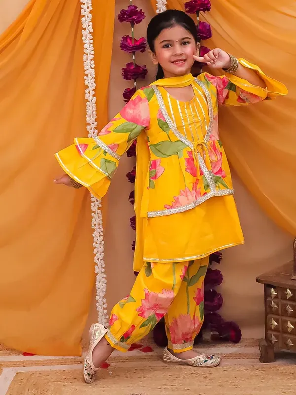 Yellow_Cotton_Floral_Print_Kurta_With_Jacket_Pant_And_Dupatta_Set_For_Girl