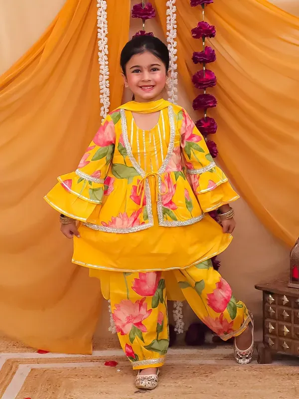 Yellow_Cotton_Floral_Print_Kurta_With_Jacket_Pant_And_Dupatta_Set_For_Girl