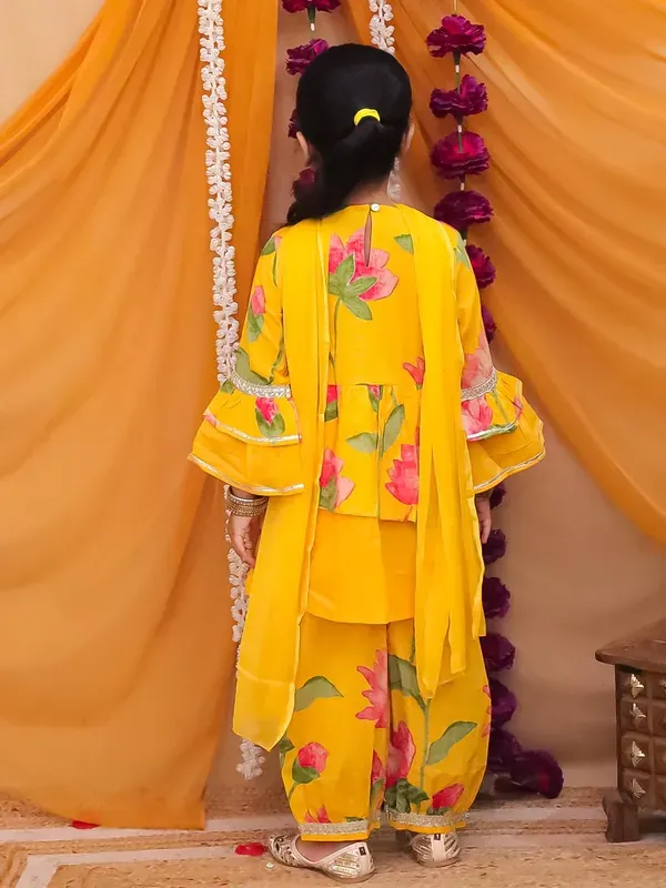 Yellow_Cotton_Floral_Print_Kurta_With_Jacket_Pant_And_Dupatta_Set_For_Girl
