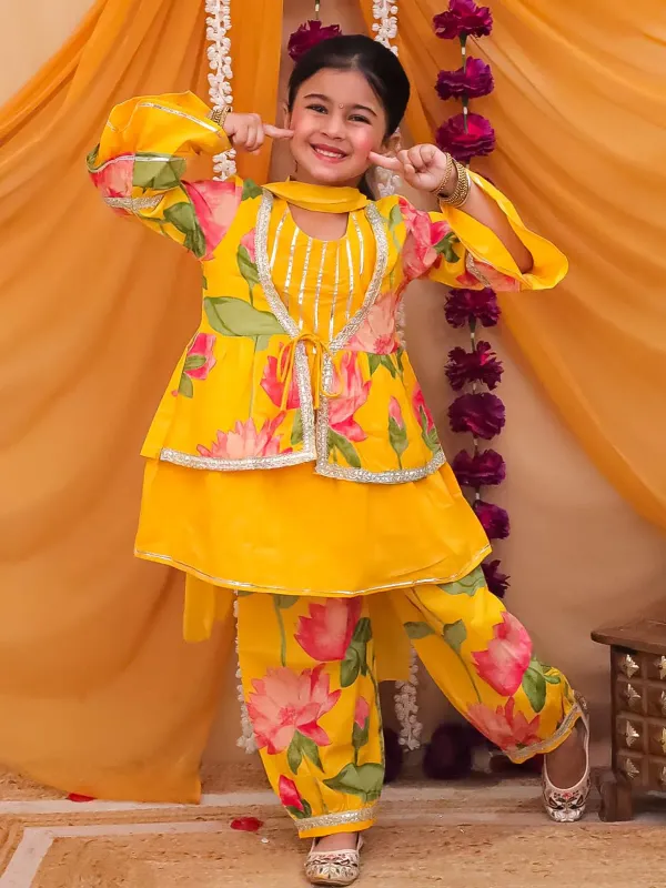 Yellow_Cotton_Floral_Print_Kurta_With_Jacket_Pant_And_Dupatta_Set_For_Girl