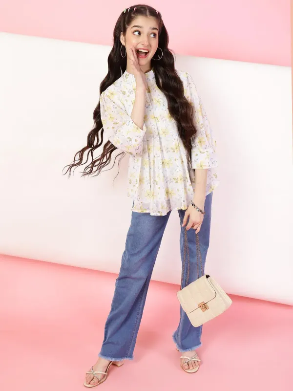 White_And_Yellow_Floral_Printed_Round_Neck_Regular_Fit_Pleated_High_Neck
