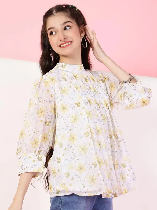 White_And_Yellow_Floral_Printed_Round_Neck_Regular_Fit_Pleated_High_Neck