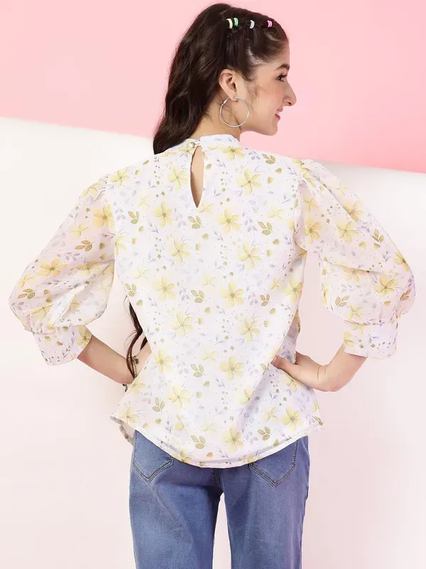 White_And_Yellow_Floral_Printed_Round_Neck_Regular_Fit_Pleated_High_Neck