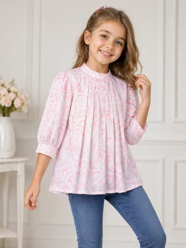 Blush_Charm_Printed_Girls_Top_Elegant_Pleated_Three_Fourth_Sleeve_Casual