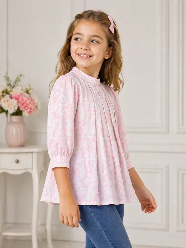 Blush_Charm_Printed_Girls_Top_Elegant_Pleated_Three_Fourth_Sleeve_Casual