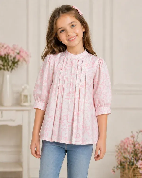 Blush_Charm_Printed_Girls_Top_Elegant_Pleated_Three_Fourth_Sleeve_Casual