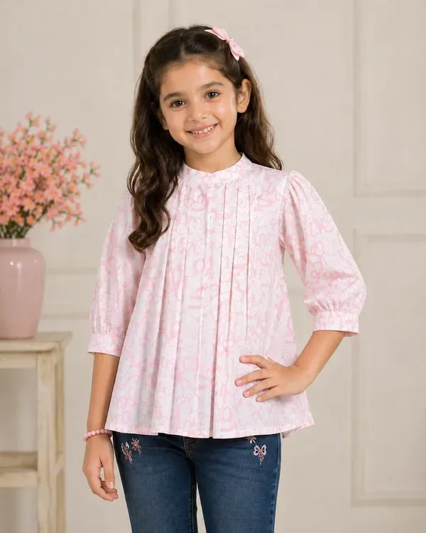 Blush_Charm_Printed_Girls_Top_Elegant_Pleated_Three_Fourth_Sleeve_Casual