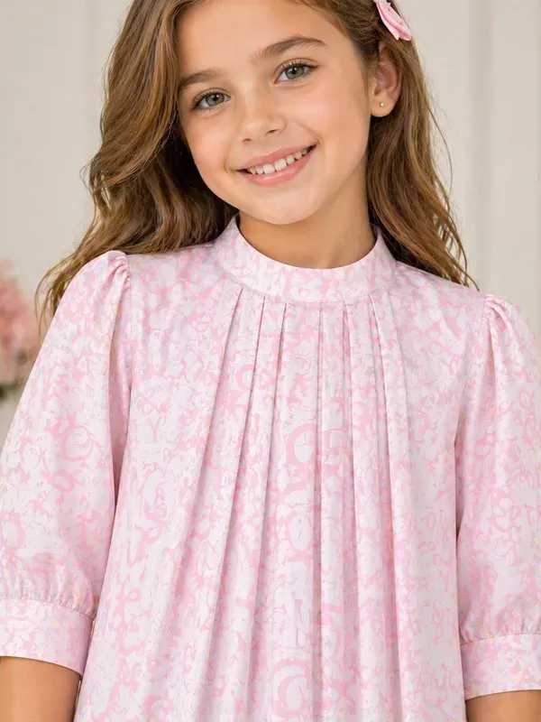 Blush_Charm_Printed_Girls_Top_Elegant_Pleated_Three_Fourth_Sleeve_Casual