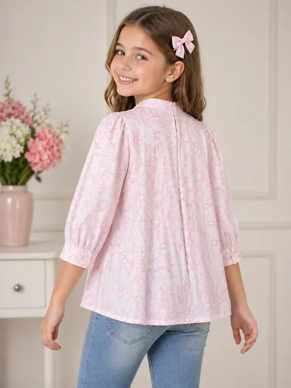 Blush_Charm_Printed_Girls_Top_Elegant_Pleated_Three_Fourth_Sleeve_Casual