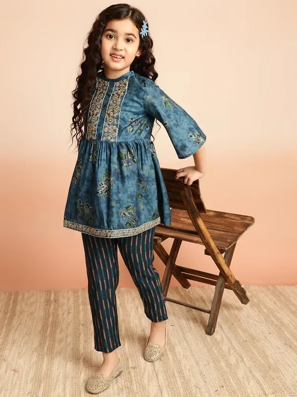 Dark_Blue_Muslin_Foil_Print_Top_With_Striped_Pant_Set_Co-Ord_Set_For_Girls