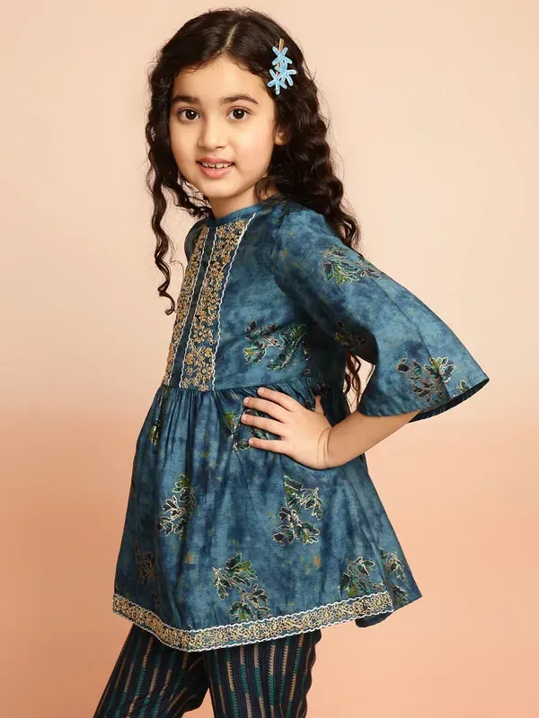 Dark_Blue_Muslin_Foil_Print_Top_With_Striped_Pant_Set_Co-Ord_Set_For_Girls