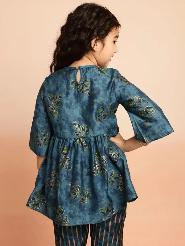 Dark_Blue_Muslin_Foil_Print_Top_With_Striped_Pant_Set_Co-Ord_Set_For_Girls