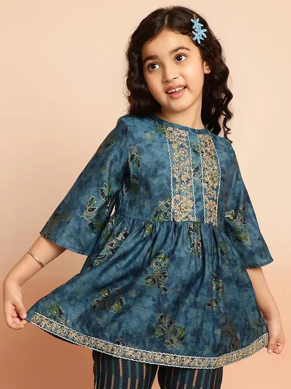 Dark_Blue_Muslin_Foil_Print_Top_With_Striped_Pant_Set_Co-Ord_Set_For_Girls