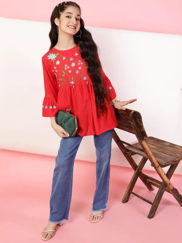 Red_Rayon_Floral_Embroidery_Round_Neck_Casual_Top_For_Girls