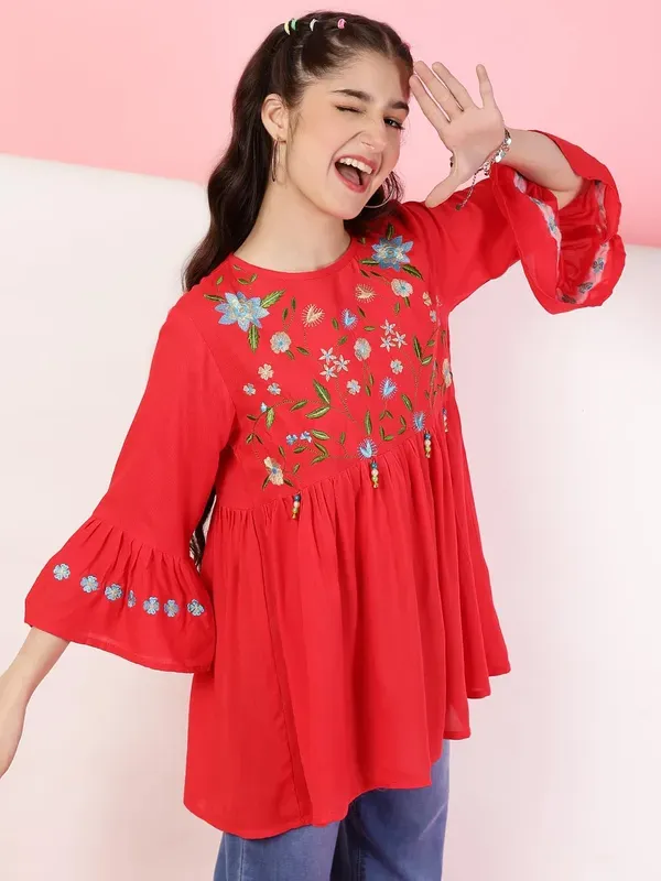 Red_Rayon_Floral_Embroidery_Round_Neck_Casual_Top_For_Girls