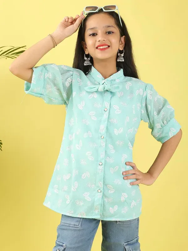 Mint_Foil_Print_Polycotton_Shirt_Top_With_Puff_Sleeves_And_Applique_For_Girls