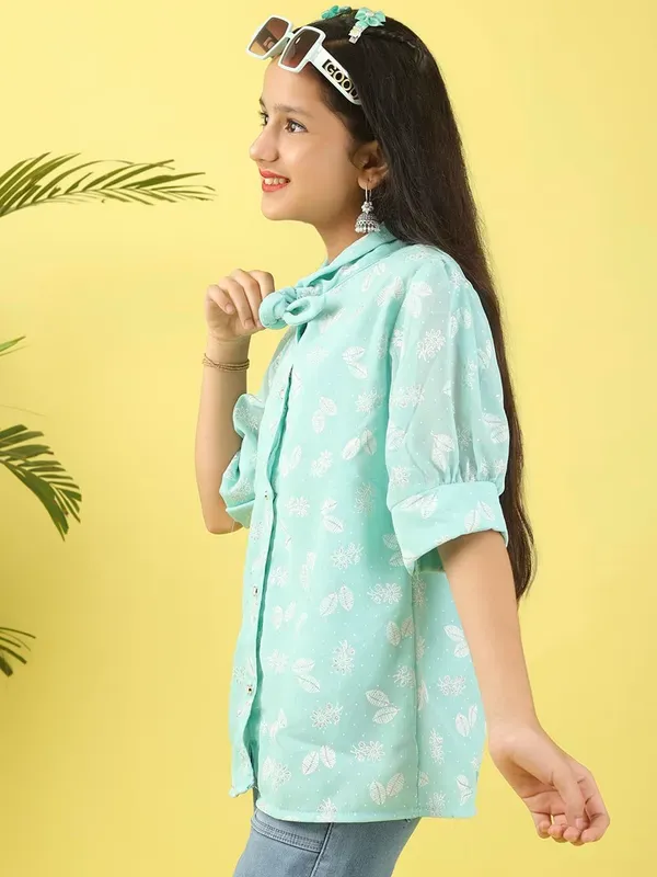 Mint_Foil_Print_Polycotton_Shirt_Top_With_Puff_Sleeves_And_Applique_For_Girls