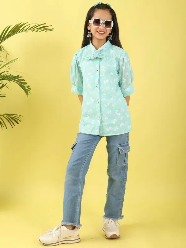 Mint_Foil_Print_Polycotton_Shirt_Top_With_Puff_Sleeves_And_Applique_For_Girls