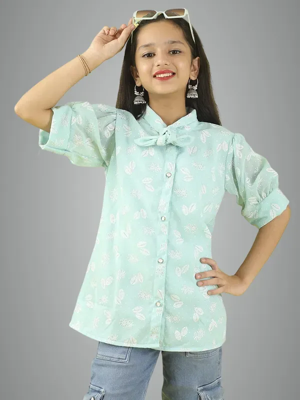 Mint_Foil_Print_Polycotton_Shirt_Top_With_Puff_Sleeves_And_Applique_For_Girls