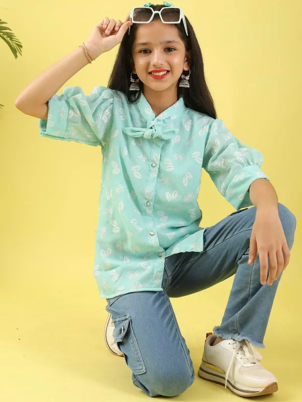 Mint_Foil_Print_Polycotton_Shirt_Top_With_Puff_Sleeves_And_Applique_For_Girls
