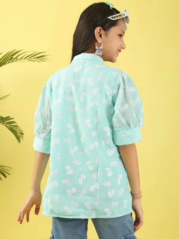 Mint_Foil_Print_Polycotton_Shirt_Top_With_Puff_Sleeves_And_Applique_For_Girls