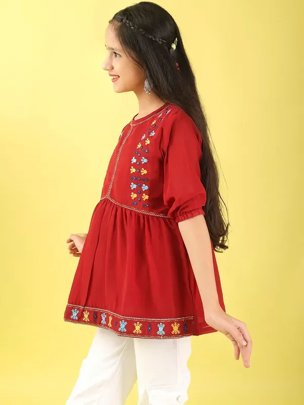 Maroon_Georgette_Floral_Embroidered_Top_With_For_Girls