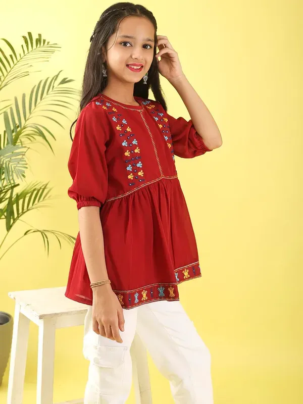 Maroon_Georgette_Floral_Embroidered_Top_With_For_Girls