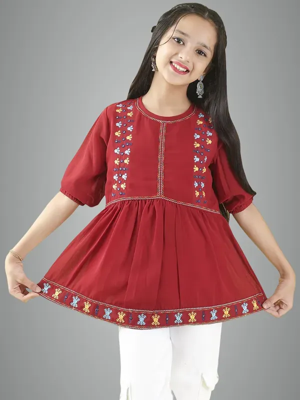 Maroon_Georgette_Floral_Embroidered_Top_With_For_Girls