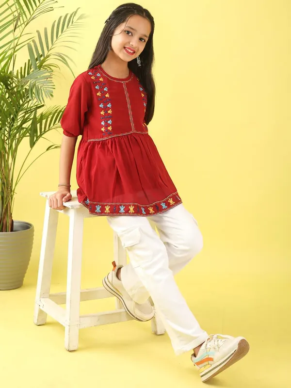 Maroon_Georgette_Floral_Embroidered_Top_With_For_Girls