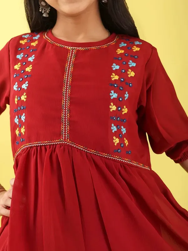 Maroon_Georgette_Floral_Embroidered_Top_With_For_Girls