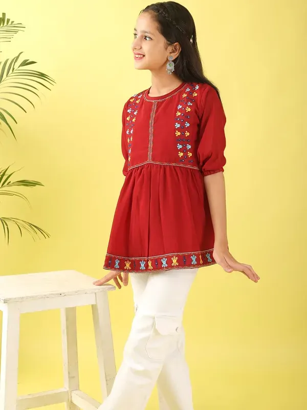 Maroon_Georgette_Floral_Embroidered_Top_With_For_Girls