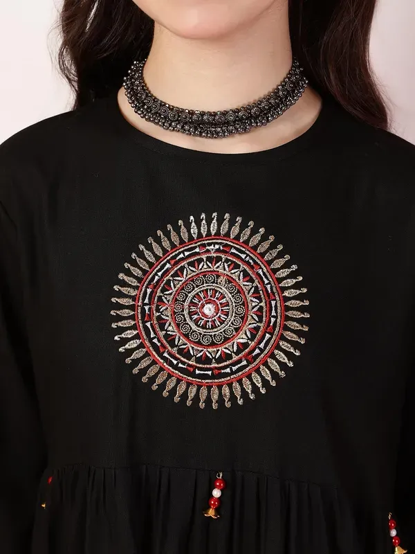Black_Rayon_Floral_Embroidery_Regular_Fit_Tie_Up_Neck_Casual_Top_For_Girls