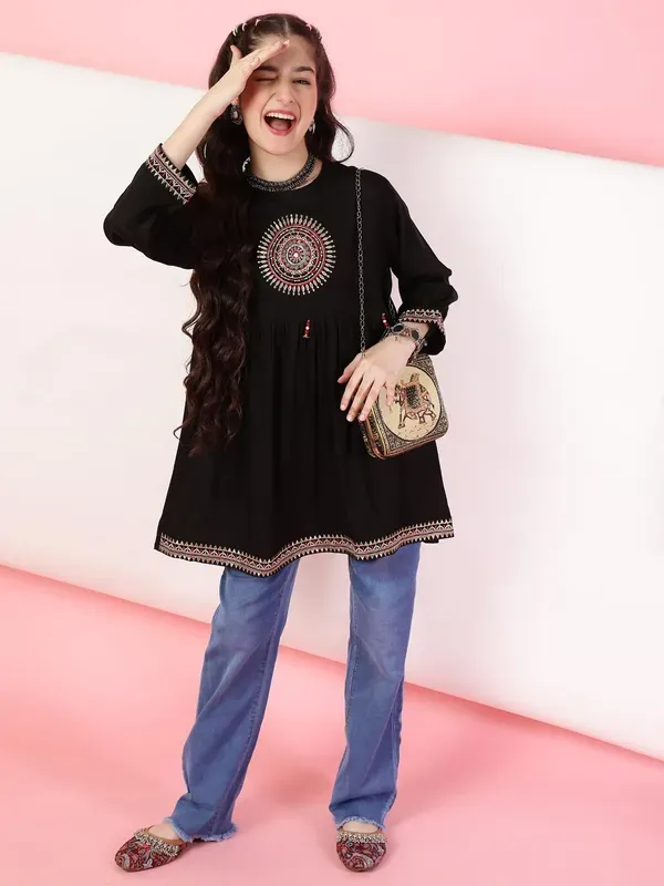 Black_Rayon_Floral_Embroidery_Regular_Fit_Tie_Up_Neck_Casual_Top_For_Girls