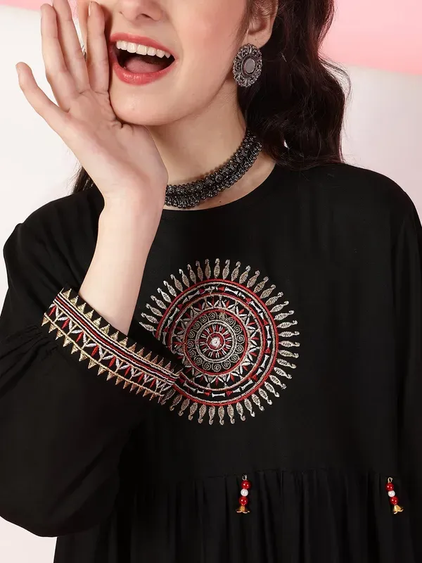 Black_Rayon_Floral_Embroidery_Regular_Fit_Tie_Up_Neck_Casual_Top_For_Girls