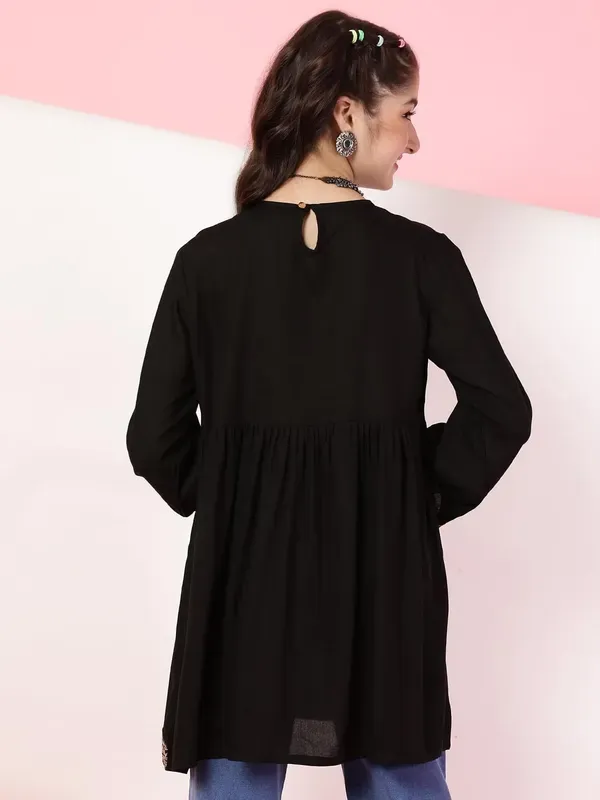 Black_Rayon_Floral_Embroidery_Regular_Fit_Tie_Up_Neck_Casual_Top_For_Girls