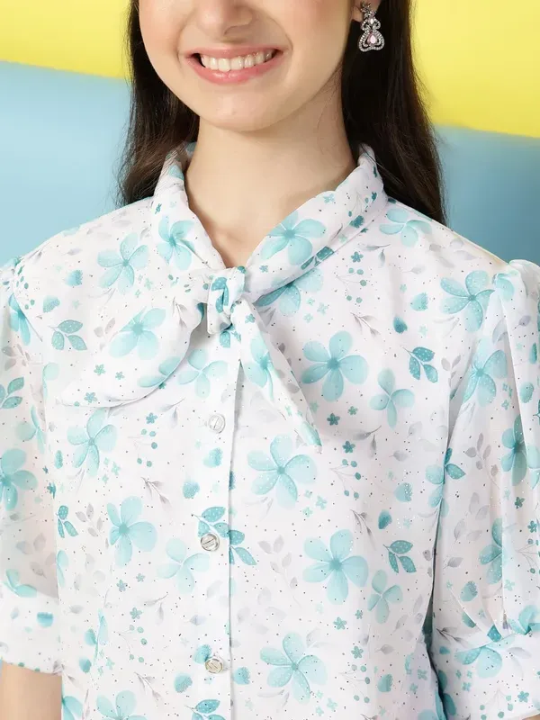 Multicolor_Floral_Printed_Puff_Sleeves_Shirt_With_Bow_Tie_Neck_For_Girls