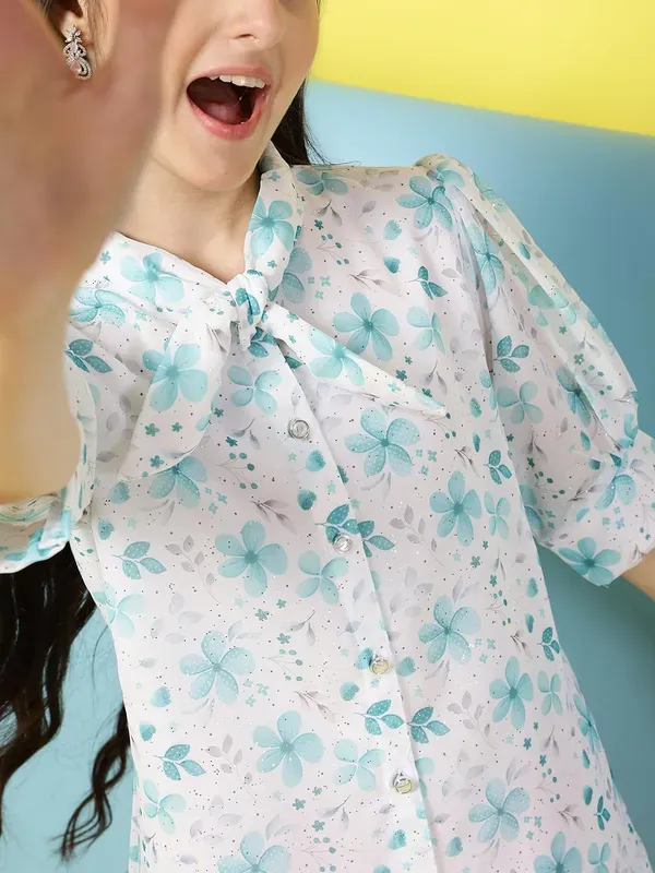 Multicolor_Floral_Printed_Puff_Sleeves_Shirt_With_Bow_Tie_Neck_For_Girls