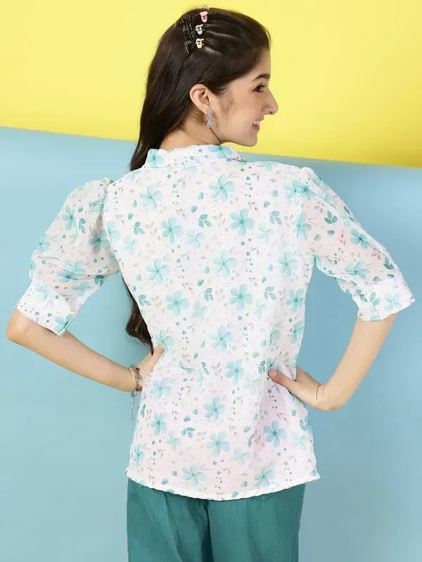 Multicolor_Floral_Printed_Puff_Sleeves_Shirt_With_Bow_Tie_Neck_For_Girls