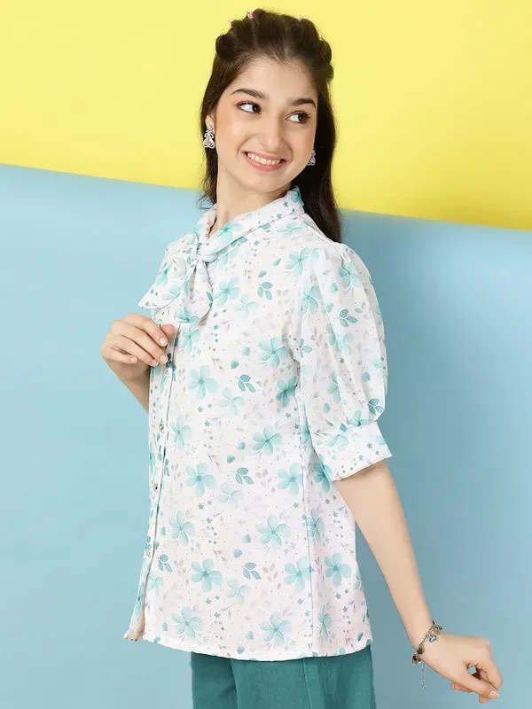 Multicolor_Floral_Printed_Puff_Sleeves_Shirt_With_Bow_Tie_Neck_For_Girls