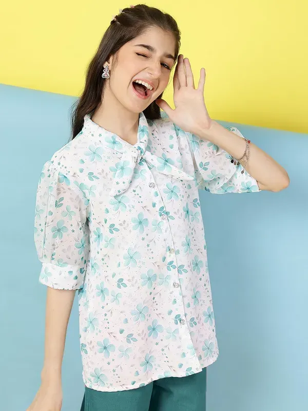 Multicolor_Floral_Printed_Puff_Sleeves_Shirt_With_Bow_Tie_Neck_For_Girls