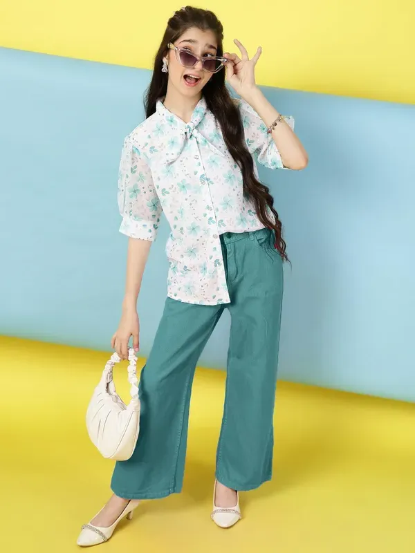 Multicolor_Floral_Printed_Puff_Sleeves_Shirt_With_Bow_Tie_Neck_For_Girls