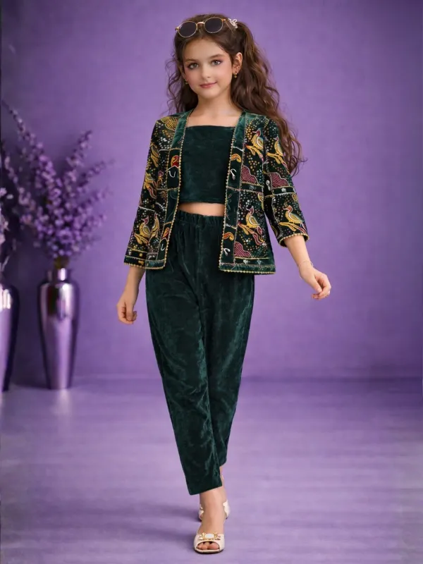 Girls_Emerald_Green_Velvet_Co-Ord_Set_3_Piece_With_Printed_Jacket_Party_Wear
