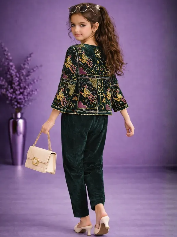 Girls_Emerald_Green_Velvet_Co-Ord_Set_3_Piece_With_Printed_Jacket_Party_Wear